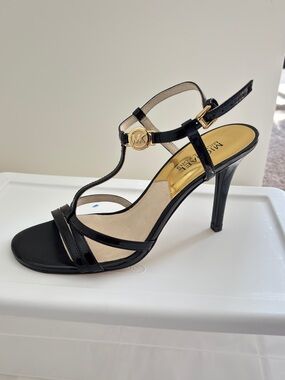 Michael Kors Black Patent Leather T-Strap Stiletto Sandal with Gold Accent